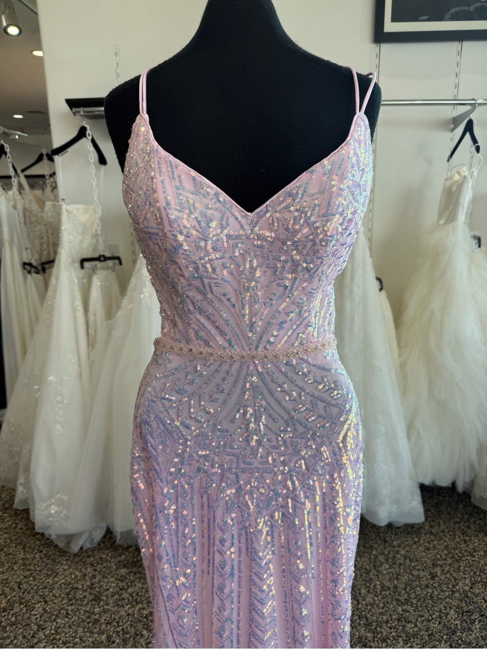 Clarisse Iridescent Lilac Sequin Prom Dress with Spaghetti Straps
